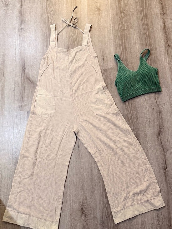 Zenana Outfitters Pants - Zenana Set - Beige Gauze Jumpsuit, and Green Brami - S/M/L